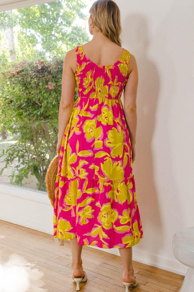 ODDI Full Size Floral Smocked Ruffled Midi Dress - MimiStylez