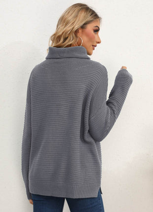 Slit Turtleneck Dropped Shoulder Sweater - MimiStylez