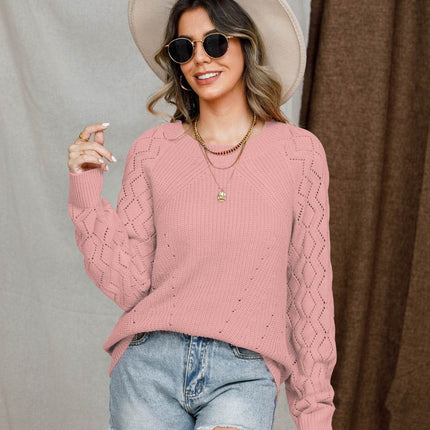 Openwork Round Neck Raglan Sleeve Sweater - MimiStylez