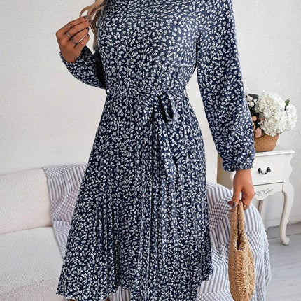 Ditsy Floral Tie Waist Pleated Dress - MimiStylez
