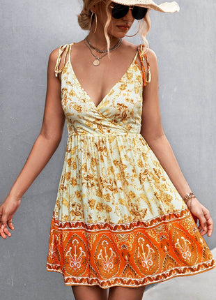 Bohemian Tie Shoulder Surplice Backless Dress - MimiStylez