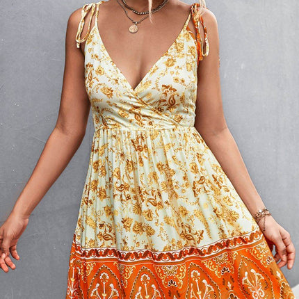 Bohemian Tie Shoulder Surplice Backless Dress - MimiStylez