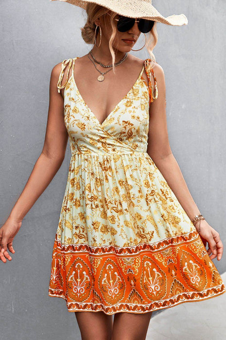 Bohemian Tie Shoulder Surplice Backless Dress - MimiStylez