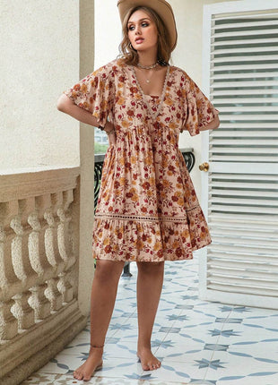 Plus Size Floral Crochet Flutter Sleeve Dress - MimiStylez