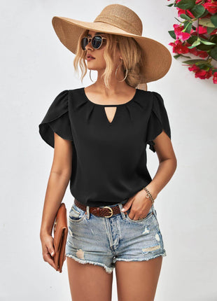 Cutout Round Neck Petal Sleeve Blouse - MimiStylez