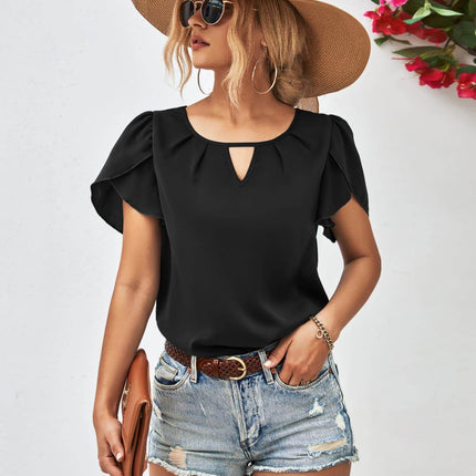 Cutout Round Neck Petal Sleeve Blouse - MimiStylez