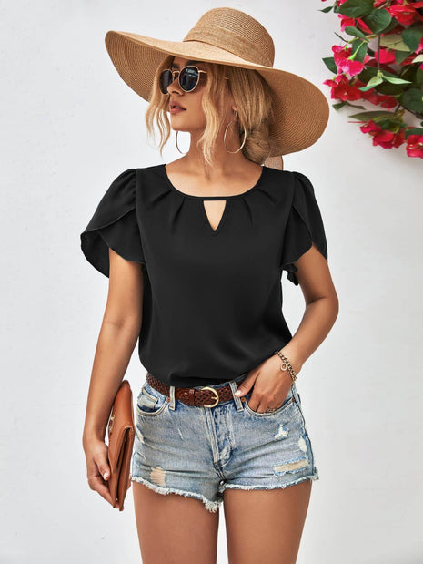 Cutout Round Neck Petal Sleeve Blouse - MimiStylez