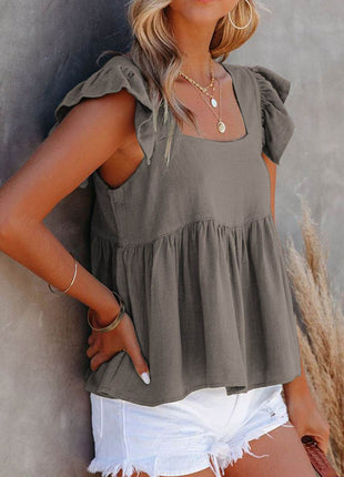 Full Size Ruffled Square Neck Cap Sleeve Blouse - MimiStylez