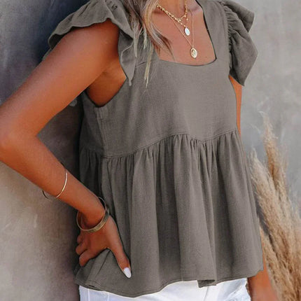 Full Size Ruffled Square Neck Cap Sleeve Blouse - MimiStylez