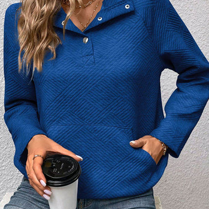 Half Buttoned Collared Neck Sweatshirt with Pocket - MimiStylez