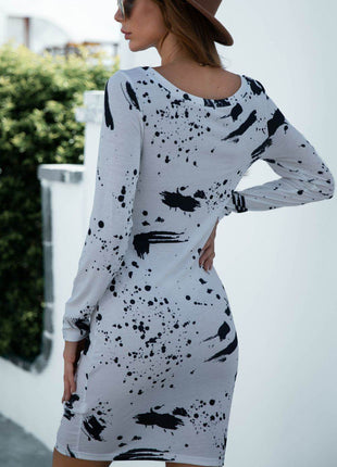 Printed Boat Neck Long Sleeve Dress - MimiStylez