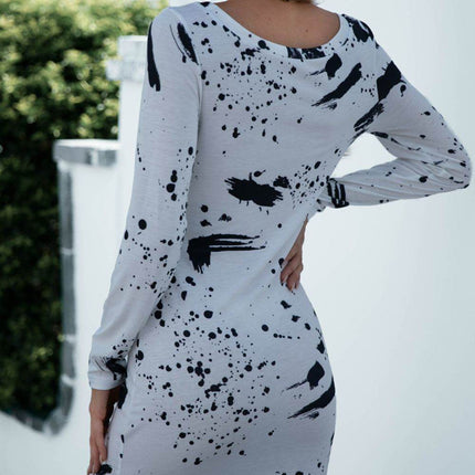 Printed Boat Neck Long Sleeve Dress - MimiStylez