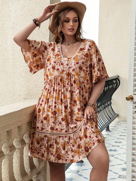 Plus Size Floral Crochet Flutter Sleeve Dress - MimiStylez
