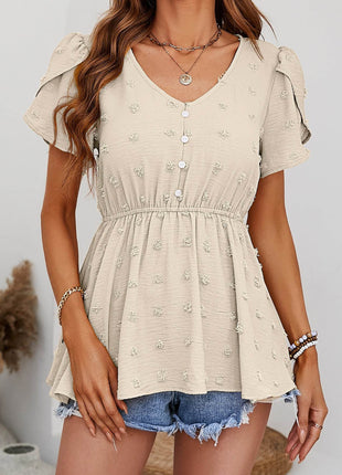 Swiss Dot Buttoned Petal Sleeve Peplum Blouse - MimiStylez
