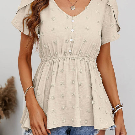 Swiss Dot Buttoned Petal Sleeve Peplum Blouse - MimiStylez