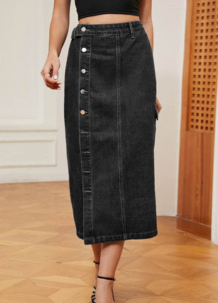 Button Down Midi Denim Skirt - MimiStylez