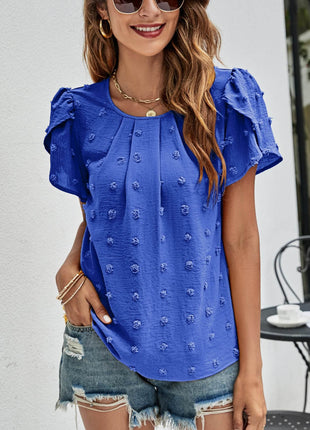 Swiss Dot Round Neck Petal Sleeve Top - MimiStylez