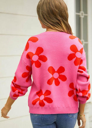 Floral Print Round Neck Dropped Shoulder Pullover Sweater - MimiStylez