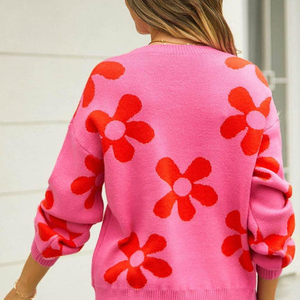 Floral Print Round Neck Dropped Shoulder Pullover Sweater - MimiStylez