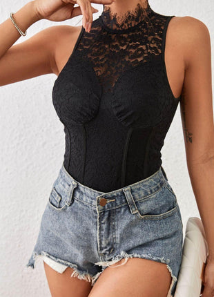 Mock Neck Sleeveless Lace Bodysuit - MimiStylez