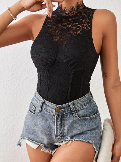 Mock Neck Sleeveless Lace Bodysuit - MimiStylez