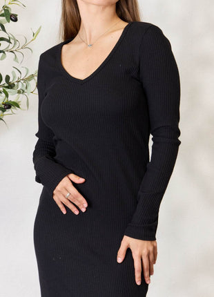 Culture Code Full Size Ribbed Long Sleeve Midi Slit Dress - MimiStylez
