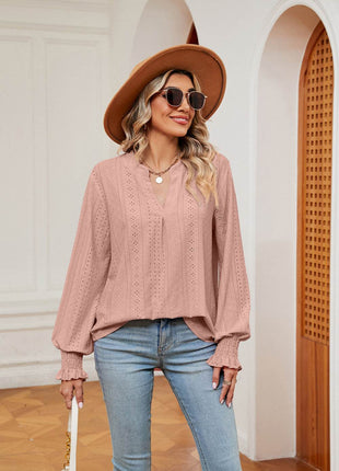 Notched Neck Flounce Sleeve Blouse - MimiStylez