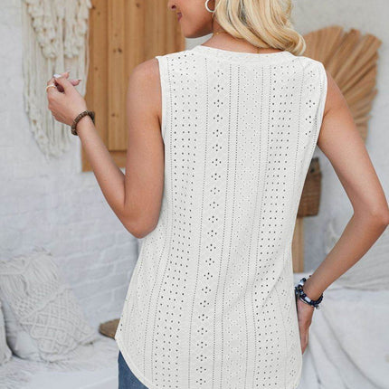 Eyelet Decorative Button V-Neck Tank - MimiStylez
