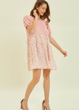 HEYSON Full Size Round Neck Floral Ruffle Hem Mini Dress - MimiStylez