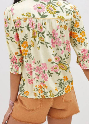 Multicolour Crochet V Neck Half Sleeve Boho Floral Blouse - MimiStylez