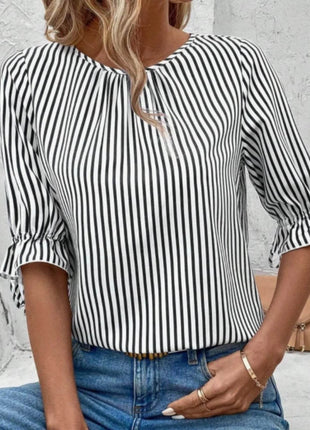 Striped Round Neck Half Sleeve Casual Blouse - MimiStylez