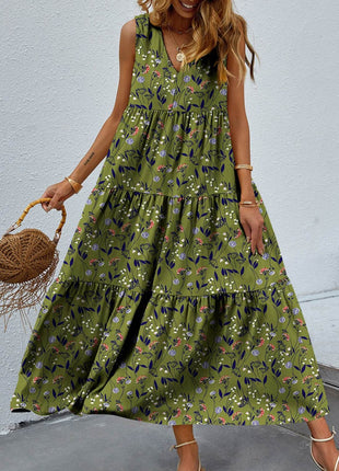 Tiered Printed V-Neck Sleeveless Dress - MimiStylez