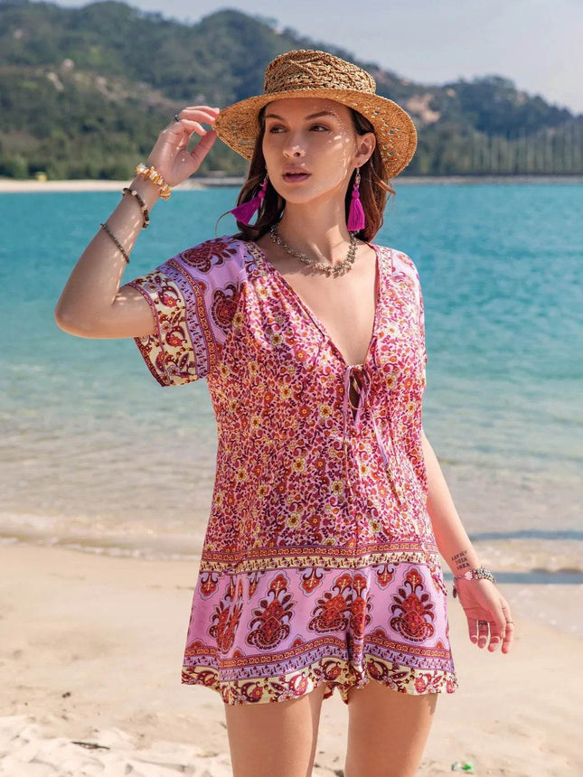Printed V-Neck Short Sleeve Romper - MimiStylez