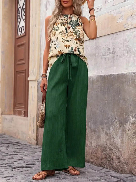 Printed Tank Top and Wide Leg Pants Set - MimiStylez