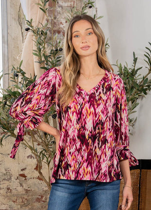 Sew In Love Full Size Printed V-Neck Blouse with Sleeve Knot - MimiStylez