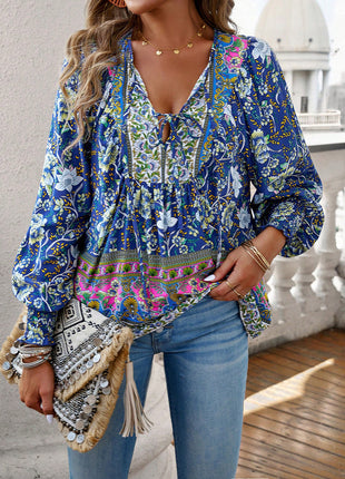 Blusa boêmia com decote em V e manga lanterna