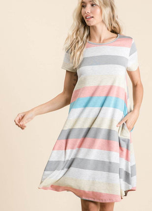 BOMBOM Striped Short Sleeve Dress with Pockets - MimiStylez