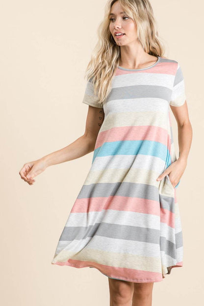 BOMBOM Striped Short Sleeve Dress with Pockets - MimiStylez