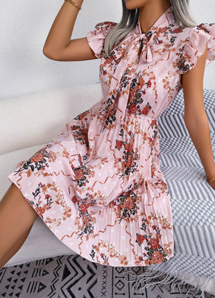 Pleated Floral Printed Tie Neck Knee Length Dress - MimiStylez