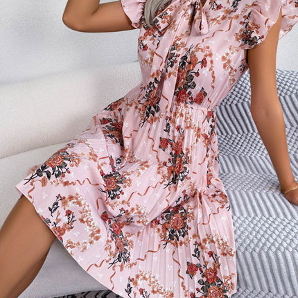 Pleated Floral Printed Tie Neck Knee Length Dress - MimiStylez