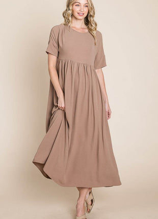 BOMBOM Round Neck Ruched Midi Dress - MimiStylez