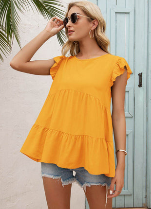 Round Neck Flutter Sleeve Tiered Blouse - MimiStylez