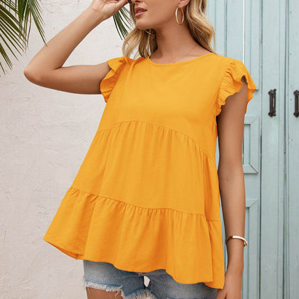 Round Neck Flutter Sleeve Tiered Blouse - MimiStylez