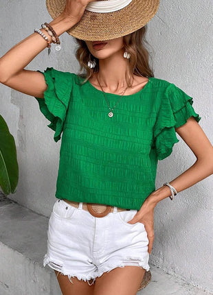 Round Neck Flounce Sleeve Blouse - MimiStylez