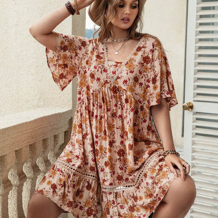 Plus Size Floral Crochet Flutter Sleeve Dress - MimiStylez