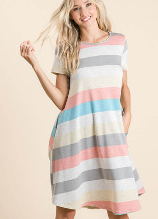 BOMBOM Striped Short Sleeve Dress with Pockets - MimiStylez