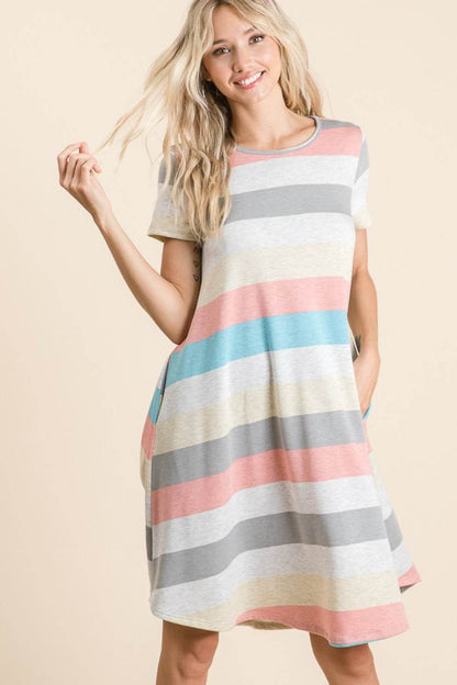 BOMBOM Striped Short Sleeve Dress with Pockets - MimiStylez