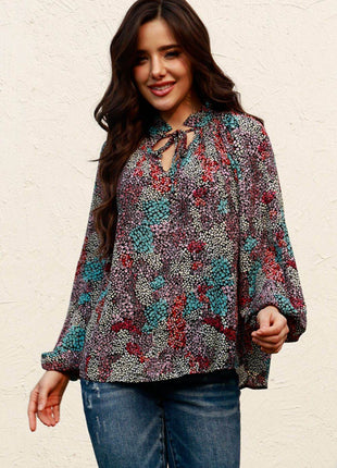 Tie Neck Heathered Balloon Sleeve Blouse - MimiStylez