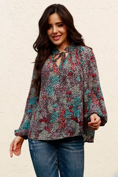 Tie Neck Heathered Balloon Sleeve Blouse - MimiStylez