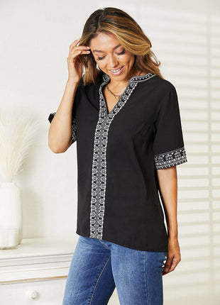 Double Take Embroidered Notched Neck Top - MimiStylez